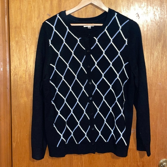 •CROFT & BARROW•BLACK/LIGHT BLUE/WHITE CREWNECK BUTTON-UP KNIT SWEATER  MEDIUM - Picture 7 of 7